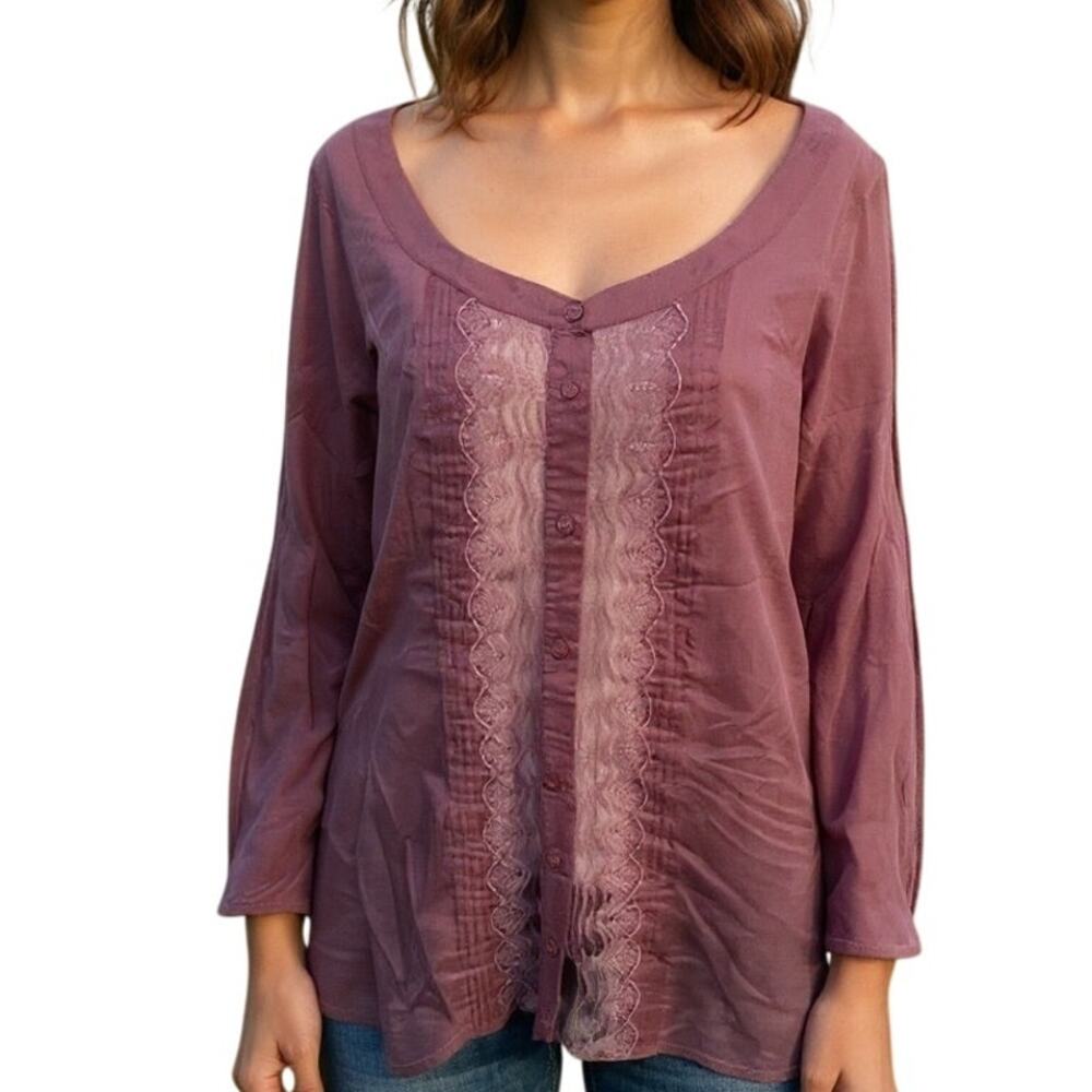 Free People Pintucked Button Top Womens Large Dusty Purple Lacy Cotton Blouse - Picture 1 of 9